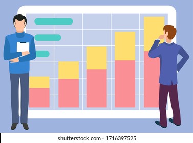 Board big screen with infochart vector, man in thoughts and assistant holding documents. Scheme explanation of business stats and development of company