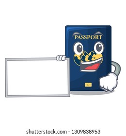 With board blue passport in the cartoon form