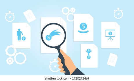 Board, business presentation file, document research vector illustrationDocument with search icons. File and magnifying glass. Analytics research sign. Vector Illustration