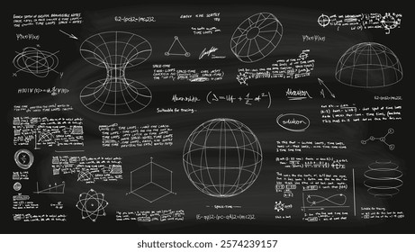 Board with calculations, formulas and inscriptions on physics. Board with notes on quantum mechanics and physics, calculations and 3D drawings related to space and science. Vector scientific notations