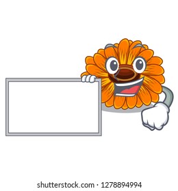 With board calendula flowers in the cartoon pots