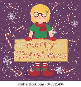 Board Candy Cane Christmas Elf Glasses Girl. Illustration of christmas greeting card with a girl holding merry christmas board sign in snowy candy canes purple background. 