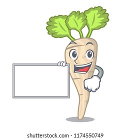 With board character parsnip root with leaf cartoon
