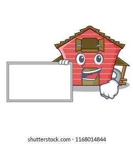 With board character red barn building with haystack