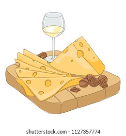 A board with cheese. Sliced cheese. A glass of white wine. Nuts