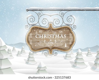 Board with Christmas greeting vector illustration. Merry Christmas greetings on wooden board against the background of snowed up forest, and mountains.