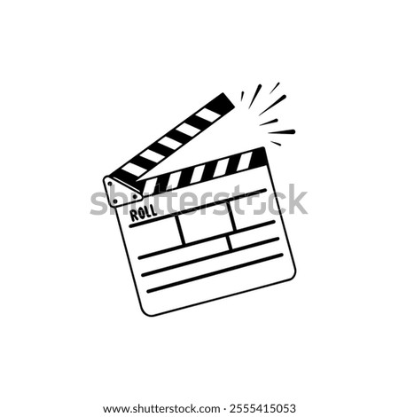 The board claps to start the action. Movie clapperboard doodle icon.