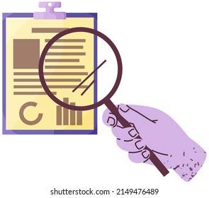 Board with clip for holding sheets in place. Office stationery in human hand. Magnifying glass or lens to look at text on pad. Person with loupe looking at data clipboard vector illustration