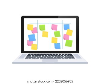 Board with Color Sticky Notes and Markers for Management on laptop screen. Weekly planner.