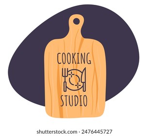 СTablero de cortar cocina cocina receta logo concepto. Ilustración de Diseño gráfico plano de Vector