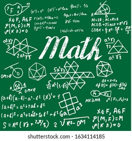 The Board is covered with scientific formulas and calculations in mathematics and geometry. Vector model for designing stands in the field of science and education. Doodle style. White on green