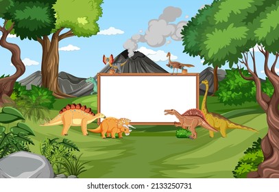 Board design with dinosaurs in forest illustration