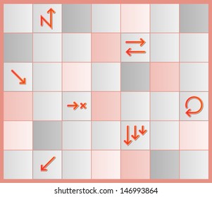 board with different tiles and arrows, board with red, pink, gray and light gray tiles, different arrows as a symbol of different ways