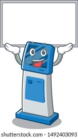 Up board digital information cartoon kiosk above mascot table