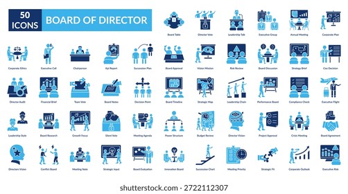 Tablero Del Conjunto De Iconos De Relleno De Director. Mesa de Tableros, Voto del Director, Charla de Liderazgo, Grupo Ejecutivo, Reunión Anual, Plan Corporativa, Decisión del CEO