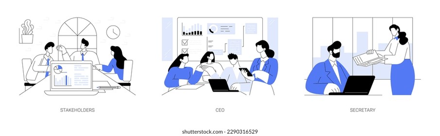 Board of directors abstract concept vector illustration set. Stakeholders discuss business strategy, CEO at business meeting, secretary of company department, corporation hierarchy abstract metaphor.