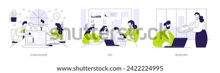 Board of directors abstract concept vector illustration set. Stakeholders discuss business strategy, CEO at business meeting, secretary of company department, corporation hierarchy abstract metaphor.