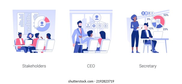 Board of directors isolated concept vector illustration set. Stakeholders discuss business strategy, CEO at business meeting, secretary of company department, corporation hierarchy vector cartoon.