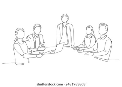 Board of directors meeting with five people. Board of directors concept one-line drawing