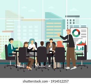 Board Of Directors Meeting Withwhite Man As A CEO, Concept Vector Illustration. Business Executive Meeting And Presentation. Business Concefence And Team Work