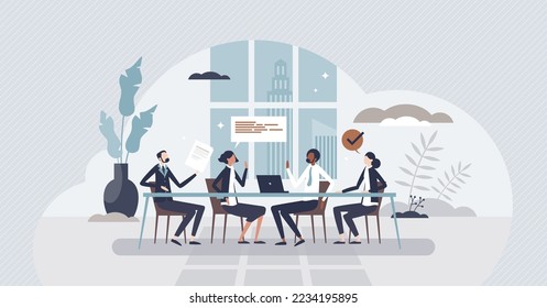 Board of directors in office with CEO business leaders tiny person concept. Meeting with company executive and colleagues vector illustration. Professional communication in cooperative boardroom.