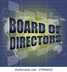 board of directors words on digital screen background with world map vector