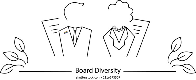Board Diversity consept - female and minority diverse directors requirments. ESG concept of environmental, social and governance; sustainable development. Vector line art illustration 10 EPS