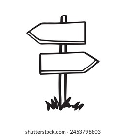 Tablero doodle. Señal de dirección de carretera vacía. Estilo de boceto de garabato. Ilustración vectorial