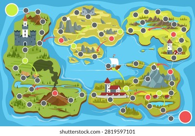 Board fantasy map game. Fantasy adventure design, islands, castles, villages, mountains and quest routes, windmill and ship, rpg travel progression, qualitative vector cartoon flat isolated concept