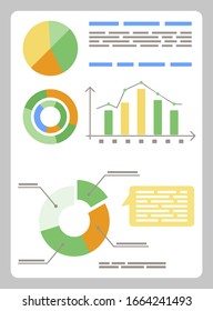 Board with financial information and graphics. Analytics diagrams and charts for reports and presentations. Template of business visualization. Vector illustration of data analysis in flat style