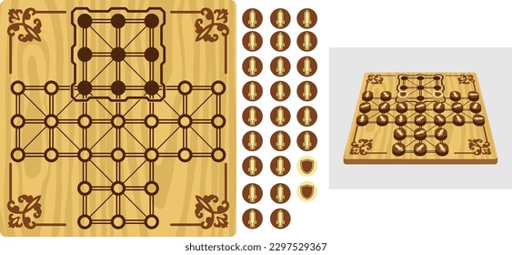 Board game of the 13th century. "Siege of the Fortress". Asymmetric checkered type. Editable vector set