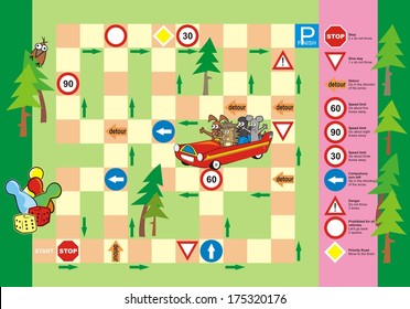 board game, animals at car, road sign , vector illustration