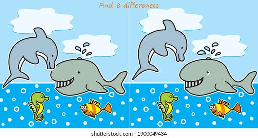 Board game, animals at sea, find eight differences, vector illustration