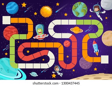 Board game with astronaut cartoon children and alien spaceship flying in the space.

