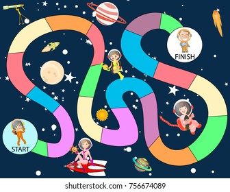 A board game with Astronaut and Space. Vector Illustration. Preschool Kindergarten Worksheet.