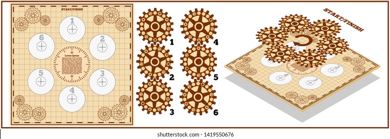 Board game with a background of gears. Isolated on white background. Vector design for app game user interface.