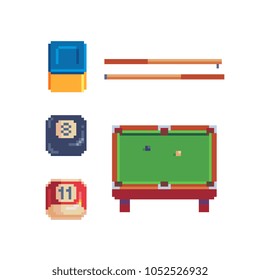 Board game billiards pixel art 80s style icons set. Accessories and cuesports equipment pool table with balls and cue isolated vector illustration. Design logo, sticker, app. Game assets 8-bit sprite.