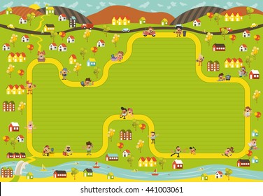Jogo de tabuleiro com um caminho de bloco na cidade com pessoas de desenhos animados felizes

