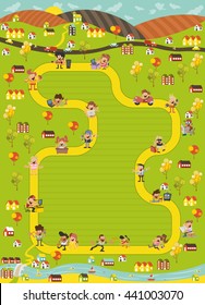 Board game with a block path in the city with happy cartoon people

