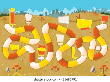 Board game with a block path on the city with billboards. Ad signs.
