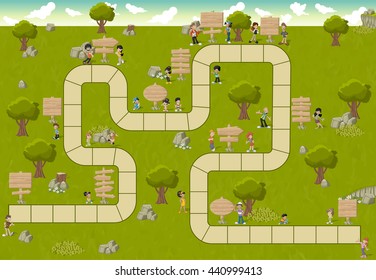 Board game with a block path on a green park with happy cartoon people and wooden sign boards
