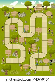 Board game with a block path on a green park with happy cartoon people and wooden sign boards
