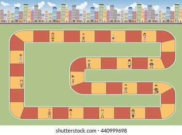 Board game with a block path on the city with people

