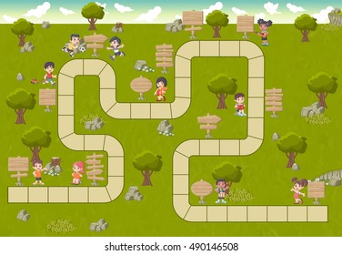 Board game with a block path on a green park with happy cartoon children and wooden sign boards
