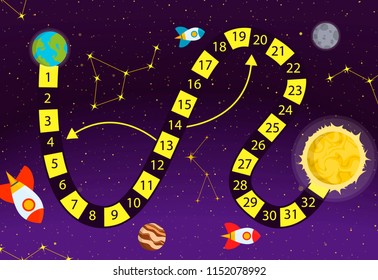 Board game with block path people play way step path challenge ready to print template vector illustration. Colorful children map boardgame puzzle science and space.