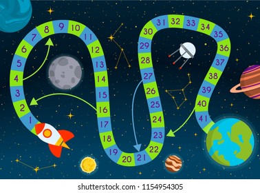 Board game with block path people play way step path challenge ready to print template vector illustration. Colorful children map boardgame puzzle science and space.