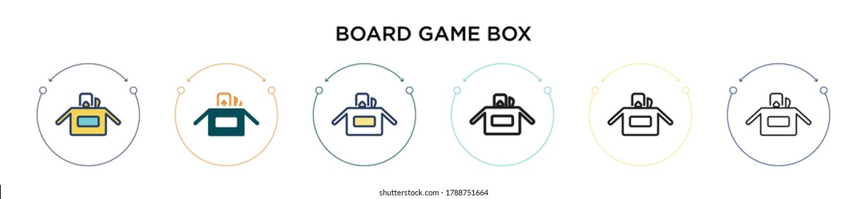 Board game box icon in filled, thin line, outline and stroke style. Vector illustration of two colored and black board game box vector icons designs can be used for mobile, ui, web