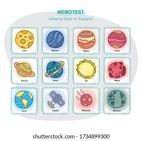 Board game cards with design of the solar system and their names in Spanish