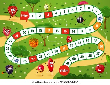 Brettspiel, Cartoon lustige Beerenfiguren im Urlaub. Vectorkinder Brettspiel mit Erdbeeren, Cranberry, Himbeere und Stachelbeeren, Rosshire, Johannisbeere, Brombeere oder Barbierbeere mit Wolkenbeere