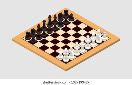 Board Game "Chess" with Black and White Pieces on Board in Isometric View - Vector Illustration